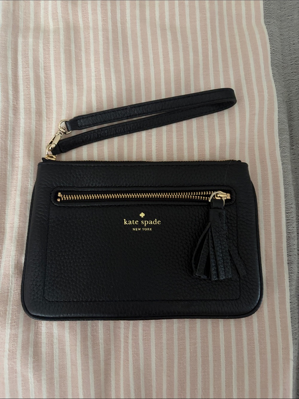 kate spade Black Pebbled Leather Wristlet Clutch with Tassel Zip